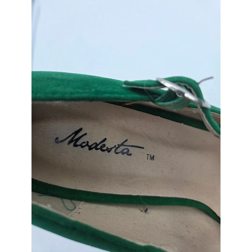 Modesta Mary Jane Platform Heels 6.5 Green Embroidered Zig‎ Zag Womens Pumps